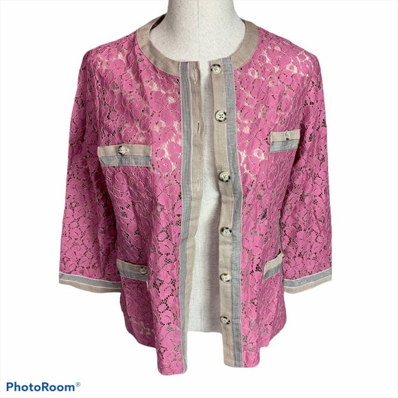 Linea Mauve Rose Lace Cardigan with Tan Trim XS - Picture 1 of 3